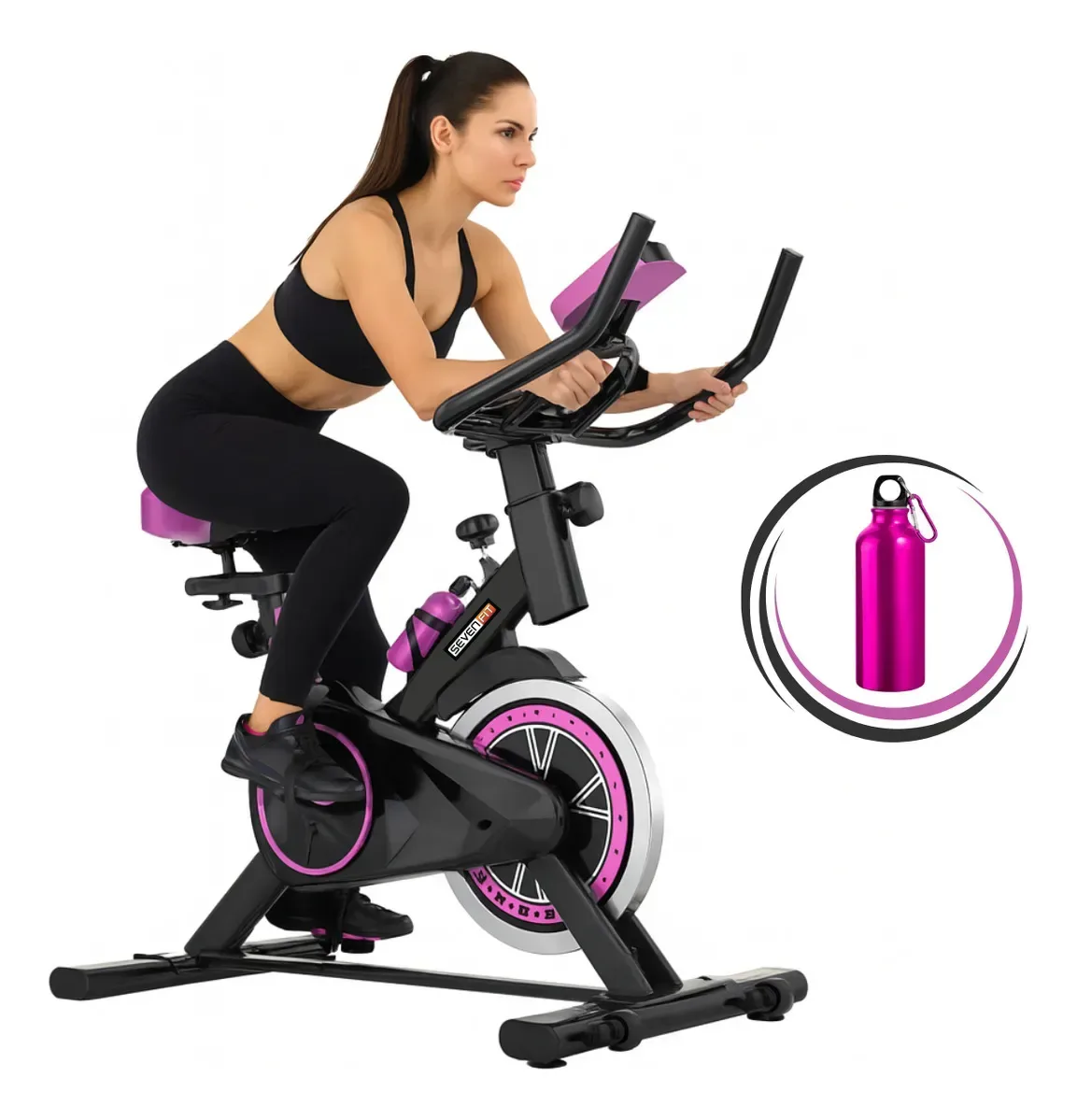 Bicicleta Ergometrica Bike Spinning Garrafa 6kg Sensacao Inercia Com Medidor Cardiaco Fitness Preto e Rosa Sevenfit Para Cardio E Musculacao