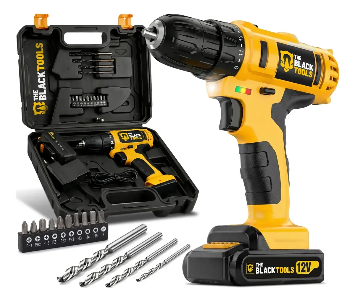 Furadeira Parafusadeira Sem Fio A Bateria Tb-12e 12v 3/8 10mm Com Maleta E Acessorios The Black Tools
