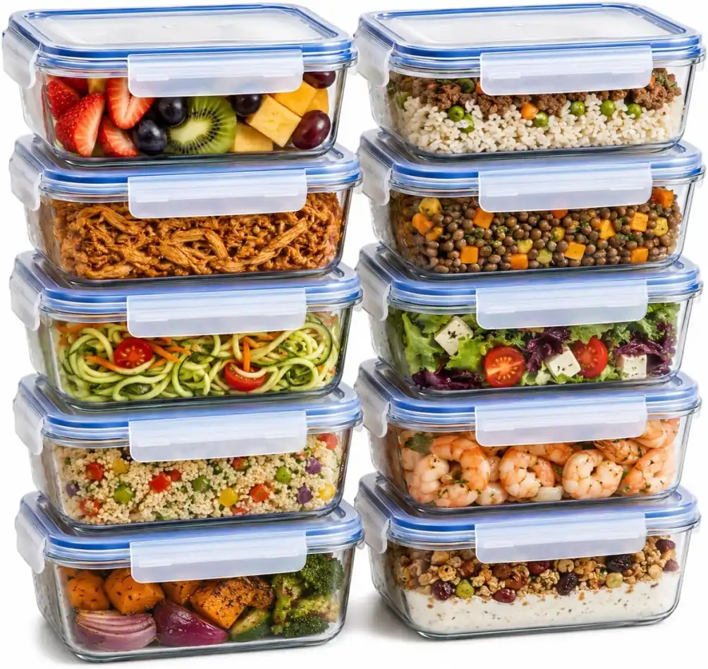 Kit 10 Pote De Vidro Marmita Hermetico 640ml Freezer Fitness Borossilicato 4 Travas Micro-ondas Azul-Escuro