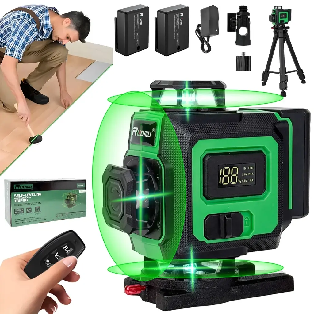 Kit Nivel A Laser Verde 12 Linhas Esquadro + Suporte + Tripe Recarregavel Profissional Prumo Autonivelante Nano Bateria