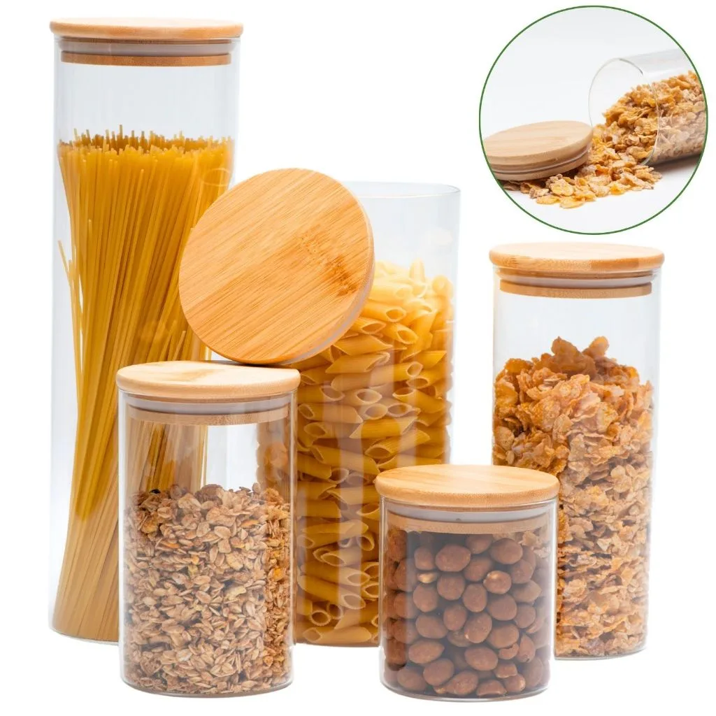 05 Potes de Vidro Hermetico Transparente Tampa Bambu Porta Alimentos