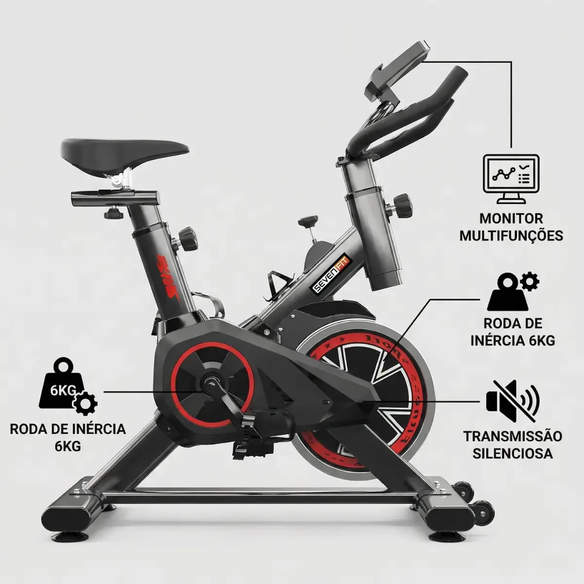 Bicicleta Ergometrica Fitness Para Cardio E Musculacao Com Base Cor Preto E Vermelho 6kg Inercia Marca Sevenfit