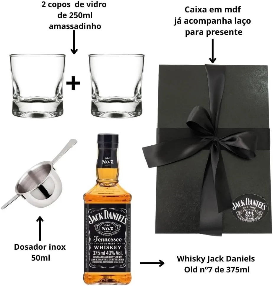 Box Presente Whisky 375ml com 2 Copos e Dosador – Kit Masculino Elegante Dia dos Pais