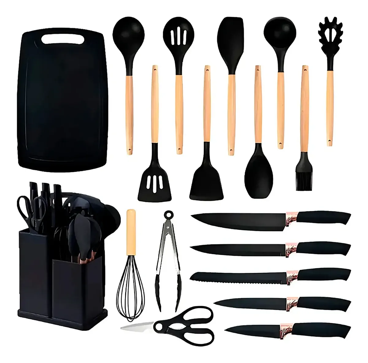 Conjunto 19 Pecas Utensilios Cozinha Silicone Preto Helplo