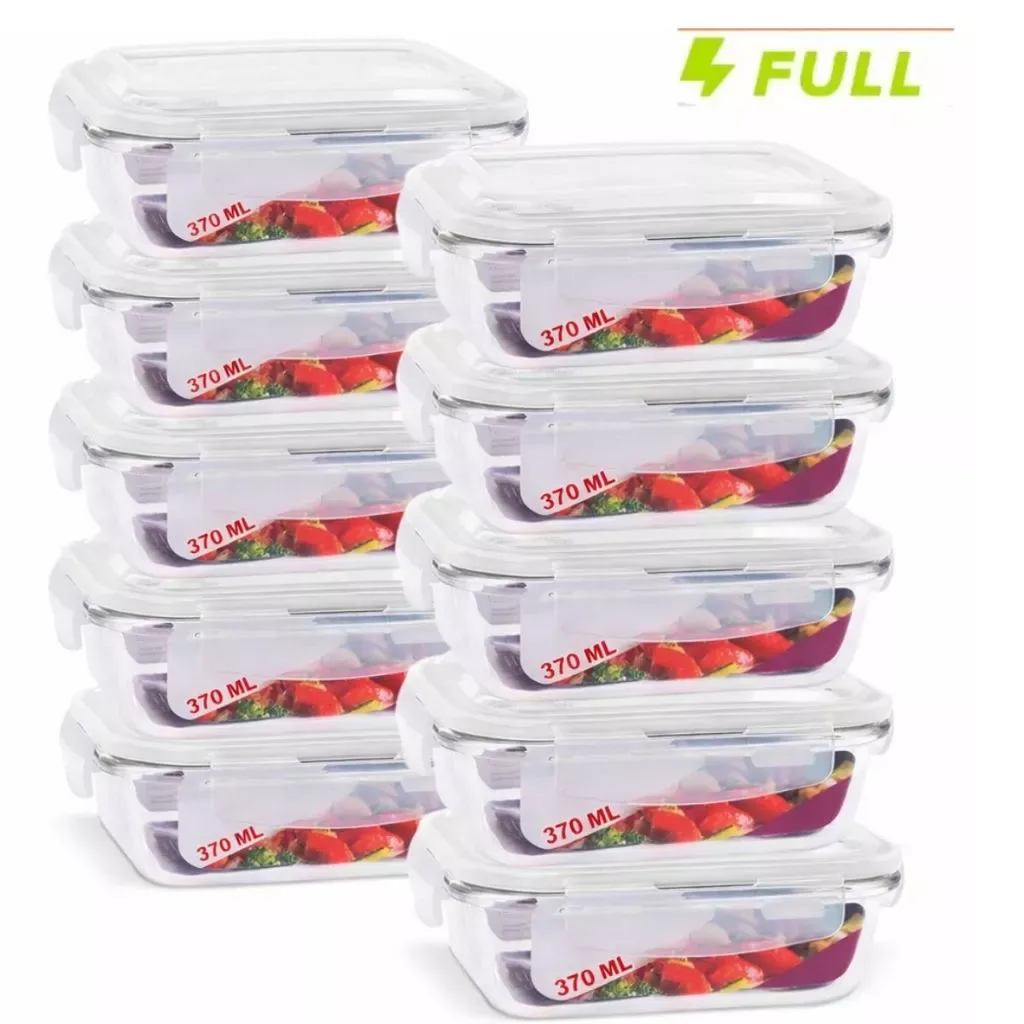 Kit 10 Pote Hermetico de Vidro 370ml Marmita Fit Tampa 4 Travas Freezer Microondas Geladeira