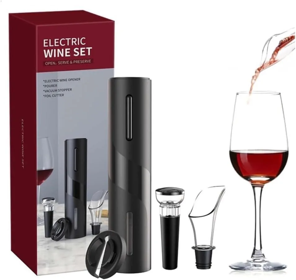 Kit Abridor de Vinho Eletrico 4 Pecas Com Saca Rolha Automatico Bico Dosador, Cortador de Lacre, Rolha a Vacuo, Ideal Dia dos Pais