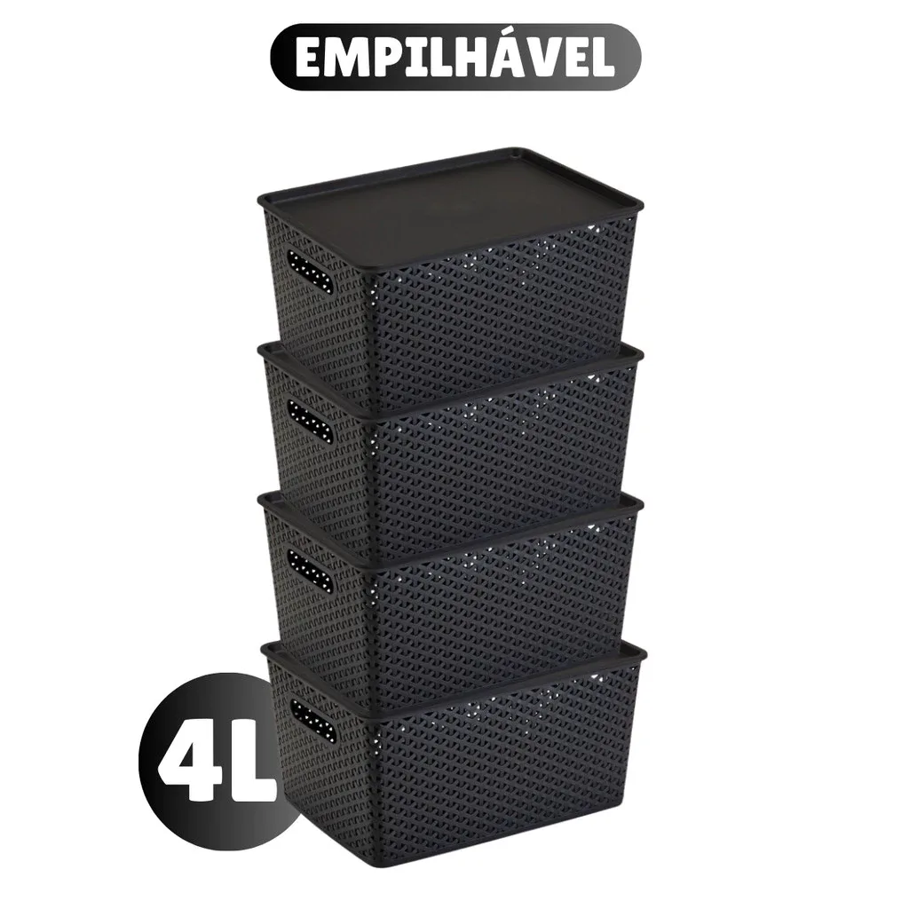 Kit Com 4 Cesto Caixa Organizadora Rattan Com Tampa  4 Litros Preto