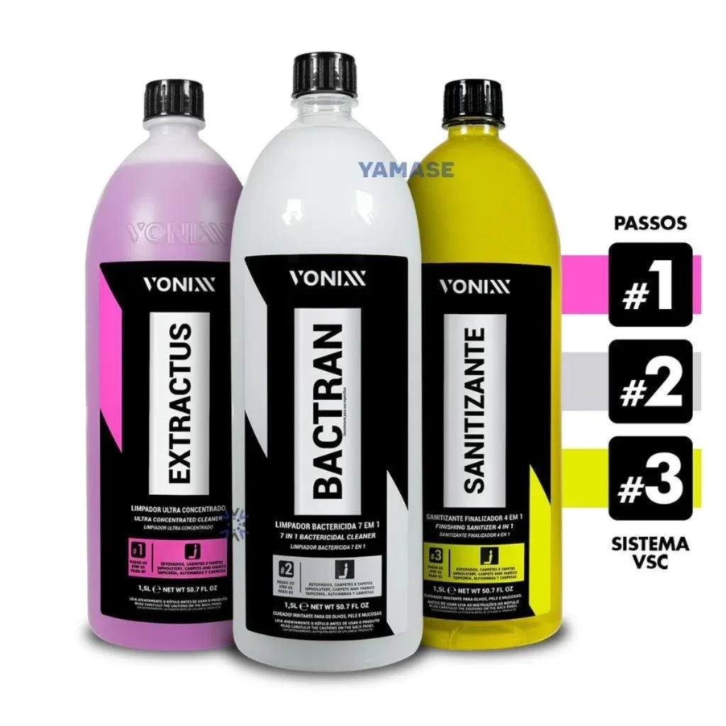 Kit VSC Vonixx Limpeza Veicular Automotivo de Estofados e Carpets 1,5L Extractus Bactran Sanitizante