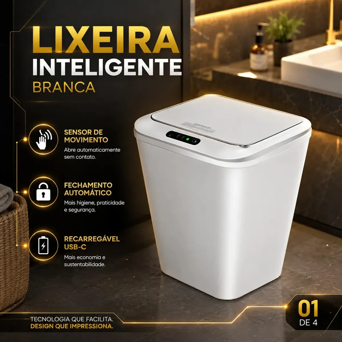 Lixeira Inteligente Automatica Branca Universal Com Sensor Hearb