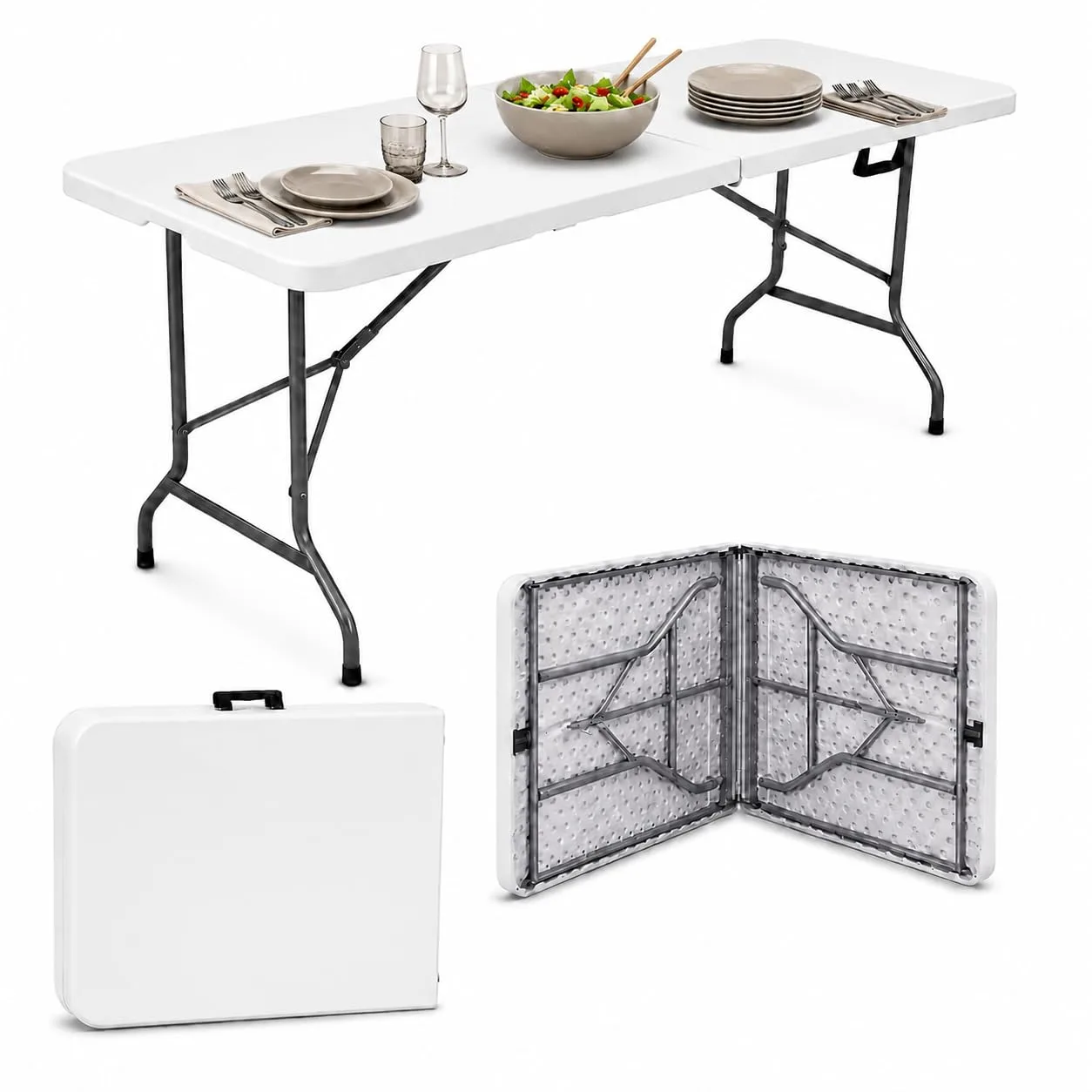 Mesa Dobravel 1,80m Portatil Branca Tipo Maleta com Alca – Resistente e Leve, Ideal para Camping, Praia, Jardim, Festas e Area Gourmet Interna ou Externa