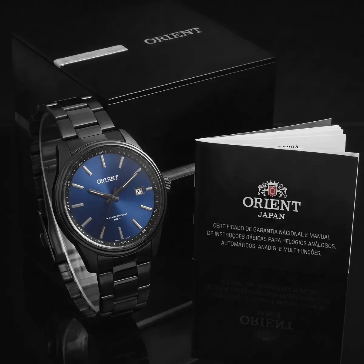 Relogio Orient Masculino Aco Preto Fundo Azul Analogico Resistencia 50m