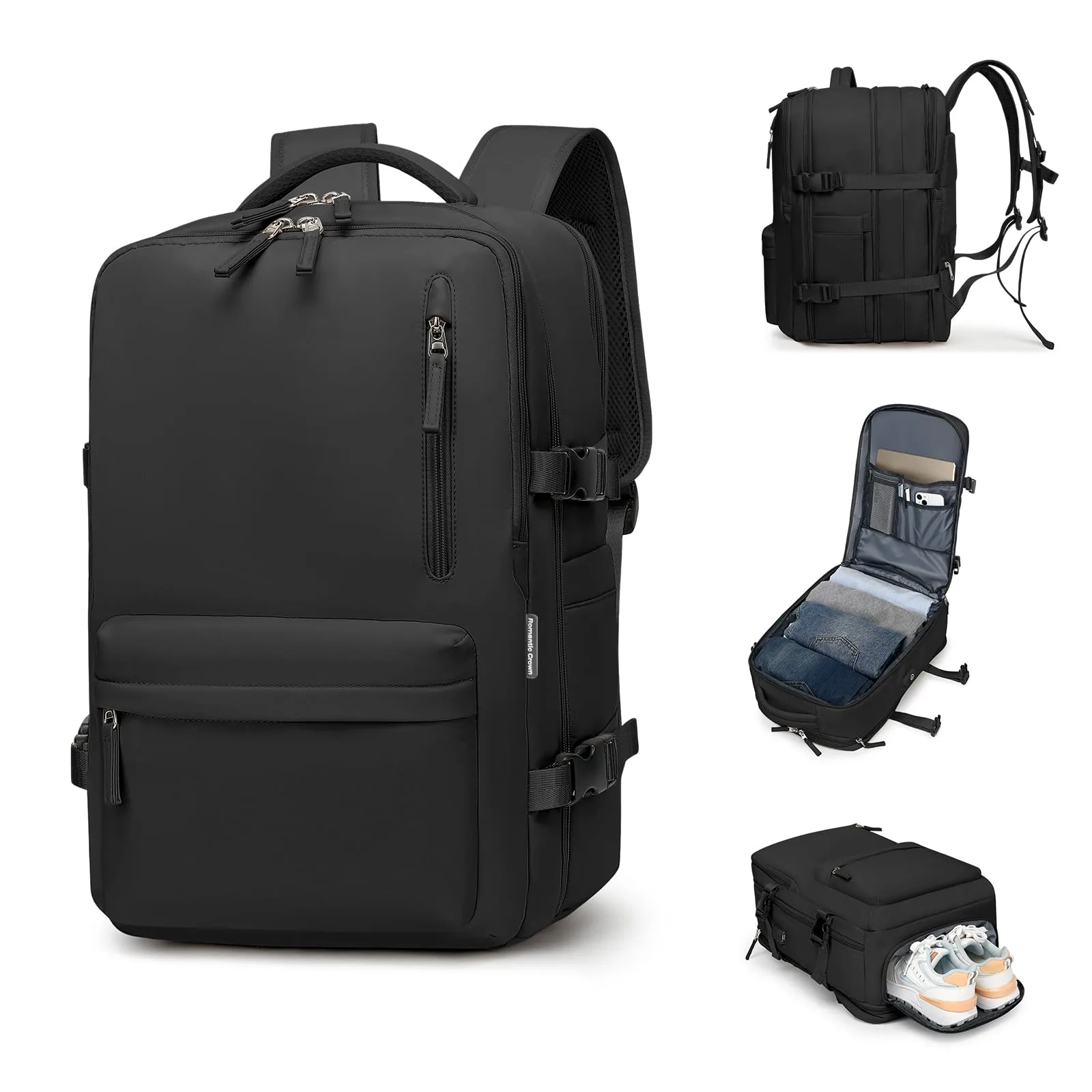 Romantic Crown Mochila de Viagem Expansivel Aviao Grande Feminina, Mochila Executiva Masculina Impermeavel Reforçada para Notebook, Casual Esportes Hiking Escola Presente (Todo Preto)