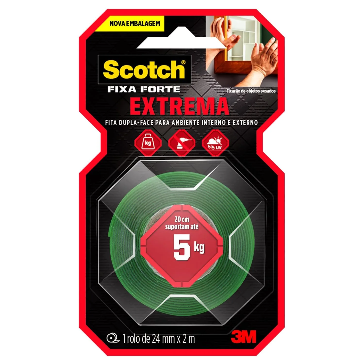 Scotch, 3M, Fixa Forte, Fita Dupla Face, Fixacao Extrema, 24mm x 2m