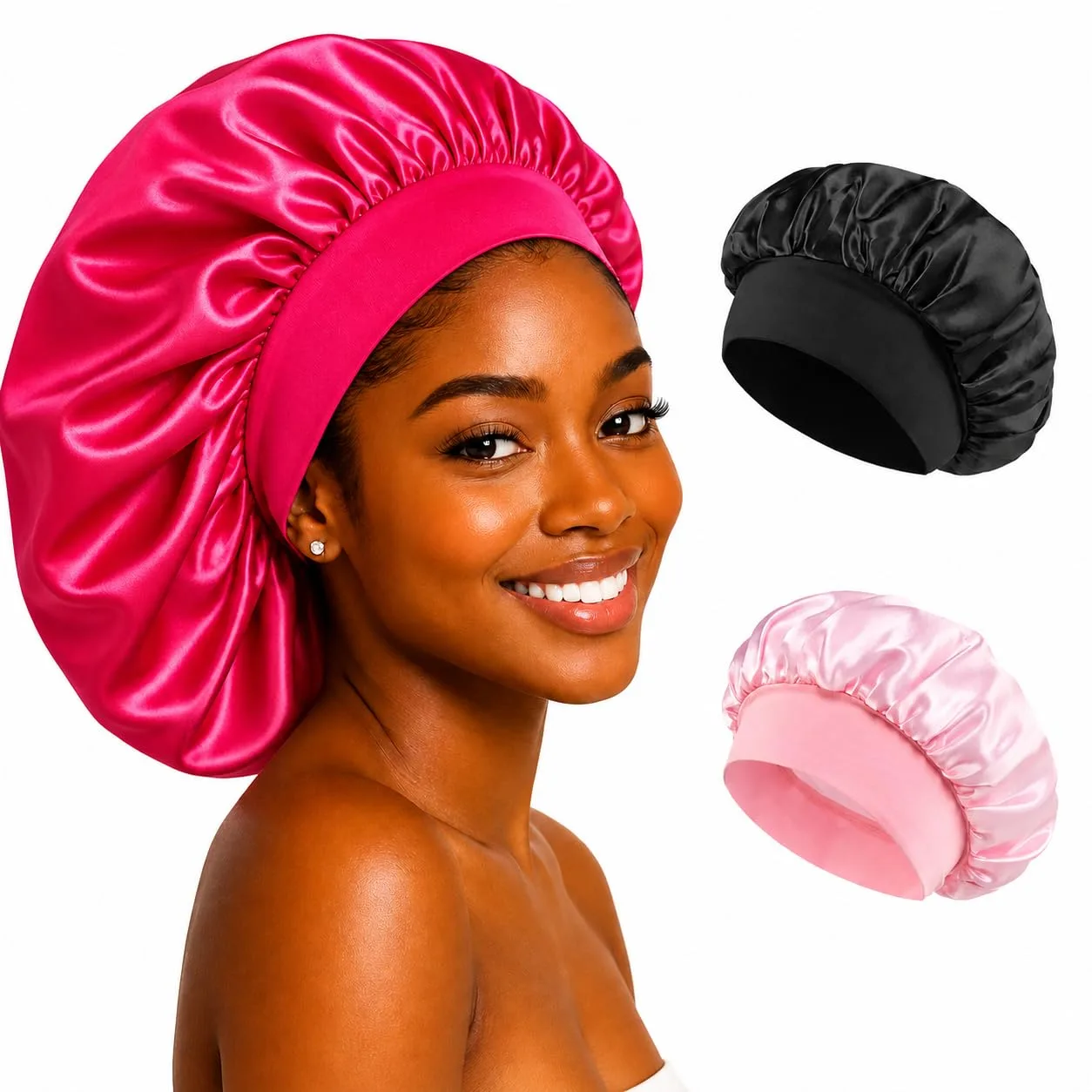 Touca de Cetim com Faixa Elastica Larga Anti Frizz Para Dormir Confortavel - Tamanho Grande - Todos os Tipos de Cabelo Liso Crespo Ondulado Cacheado Longos Black Power - Material Premium