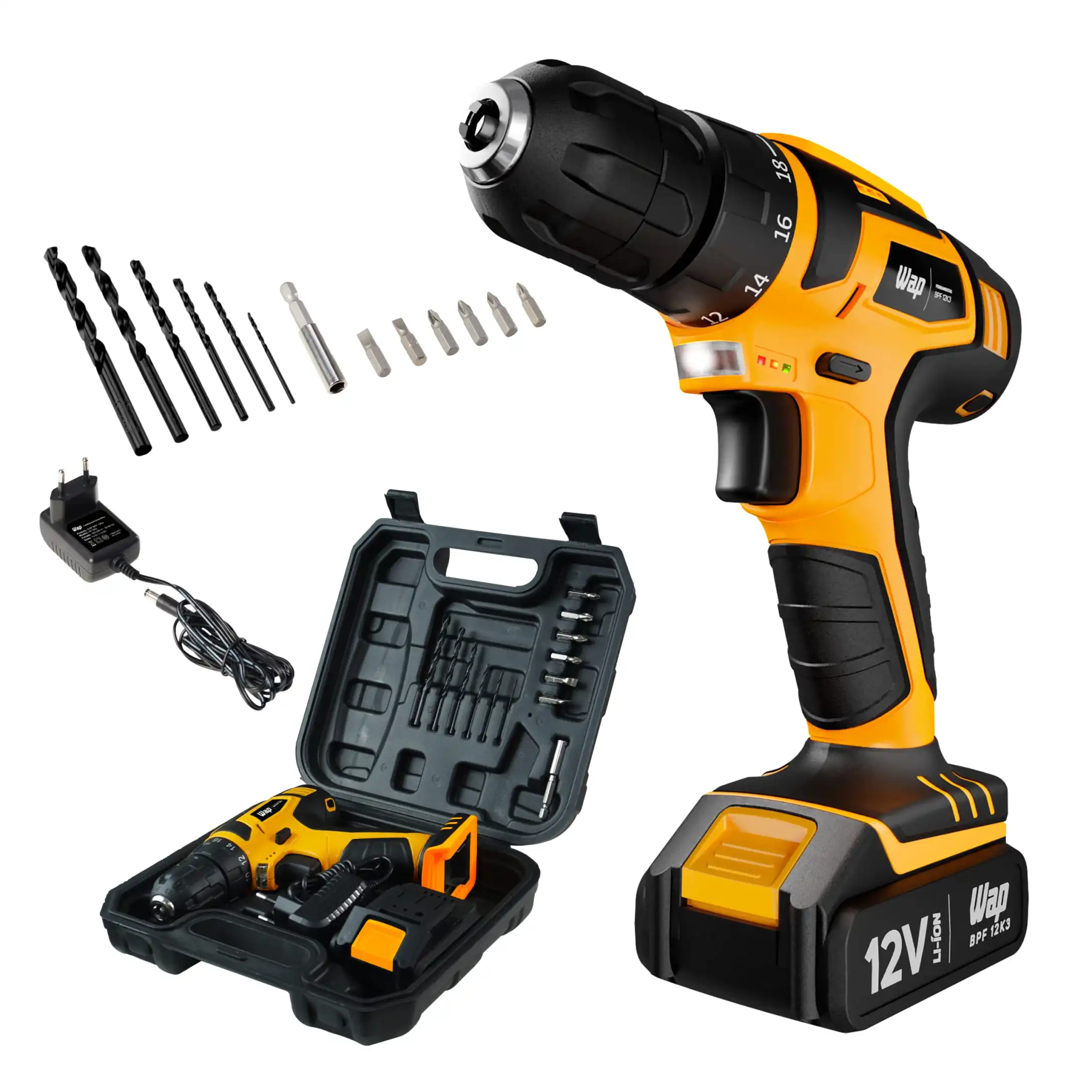 WAP Parafusadeira e Furadeira a Bateria 12V BPF-12K3, Kit de 13 Acessorios e Maleta, Empunhadura Emborrachada, Bivolt